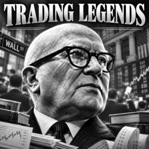 Gerald Loeb Trading Legends portrait with Wall Street trading background.