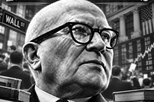 Gerald Loeb Trading Legends portrait with Wall Street trading background.