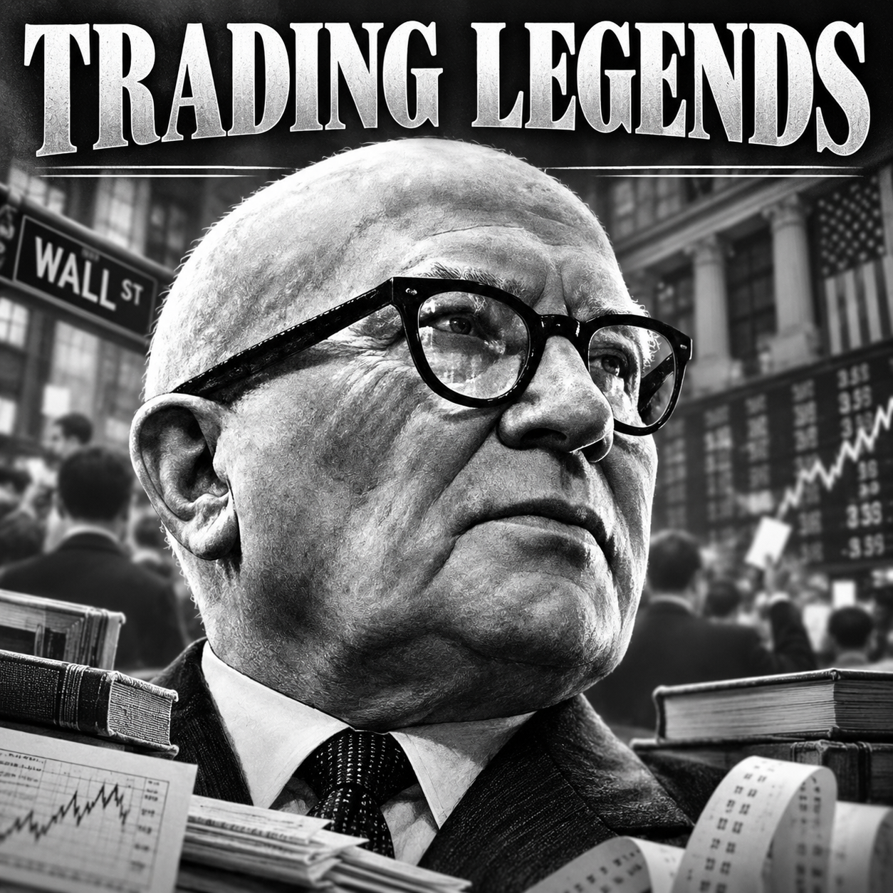 Gerald Loeb Trading Legends portrait with Wall Street trading background.